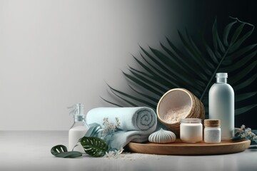 A collection of bath products including a towel, towels, soaps, and a bottle of white lotion.