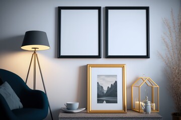 A picture frame on a wall next to a lamp.