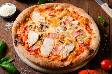 Chicken, Bacon, Mushroom Pizza on Wooden Background, Stone Baked Pizza