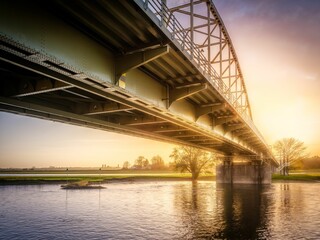 Metal bridge over a river captured against the bright sunset sky