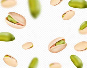 Realistic falling ripe pistachios isolated on transparent background. Defocusing pistachio nuts Vector - obrazy, fototapety, plakaty
