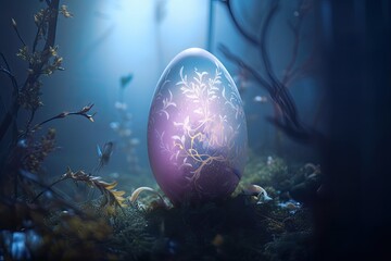 Obraz na płótnie Canvas Fantasy Spectral Easter Egg in Fantasy Fairy Mist Background with flowers festive background for decorative design