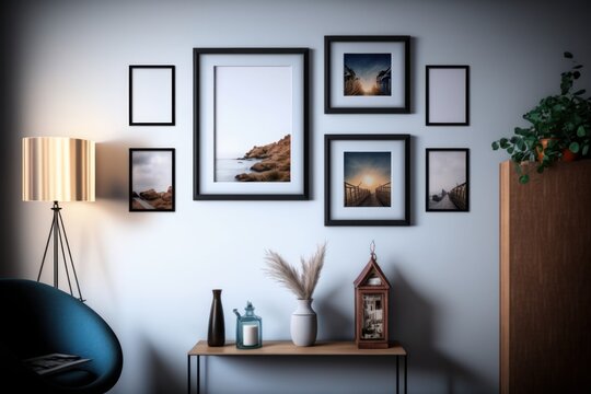 A wall with pictures on it and a lamp on the side that says'the sun is on the top right