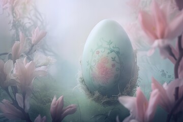 Obraz na płótnie Canvas Fantasy Spectral Easter Egg in Fantasy Fairy Mist Background with flowers festive background for decorative design. generative ai