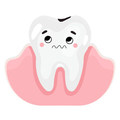 Unhealthy tooth with decay,. Sad, worried tooth character. Vector illustration, isolated on white. Concept for dental clinic.