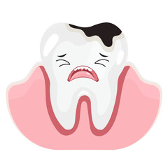 Unhealthy tooth with decay,. Sad tooth character. Vector illustration, isolated on white. Concept for dental clinic.