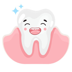 Happy smiling white tooth. Tooth care concept. Healthy shining tooth character. Vector illustration, isolated on white background.