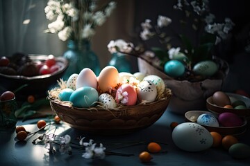 Colorful Festive Painted Easter Eggs on Easter Celebration background