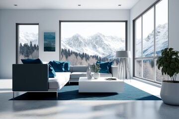 A serene and minimalist living room with a beige sectional sofa and a white and beige geometric rug, overlooking stunning mountain views through floor-to-ceiling windows. generative ai