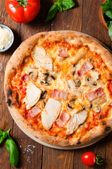 Chicken, Bacon, Mushroom Pizza on Wooden Background, Stone Baked Pizza