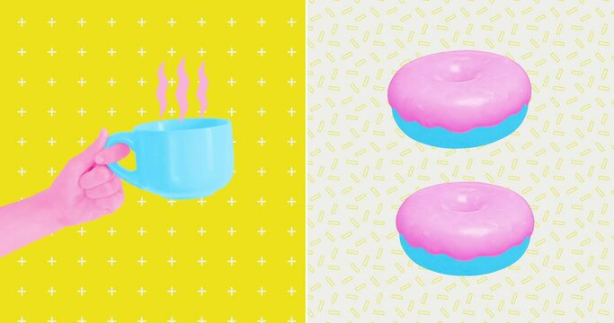 Modern loop photo collage animation. Cup of coffee and donuts. Breakfast concept