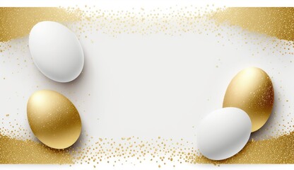 Naklejka na ściany i meble white and golden festive Painted Easter eggs with golden glitter on white background
