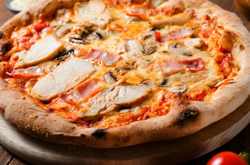 Chicken, Bacon, Mushroom Pizza on Wooden Background, Stone Baked Pizza