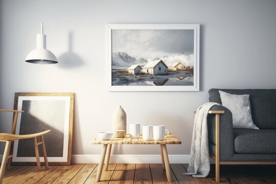 A painting on a wall shows a snowy mountain and a white frame