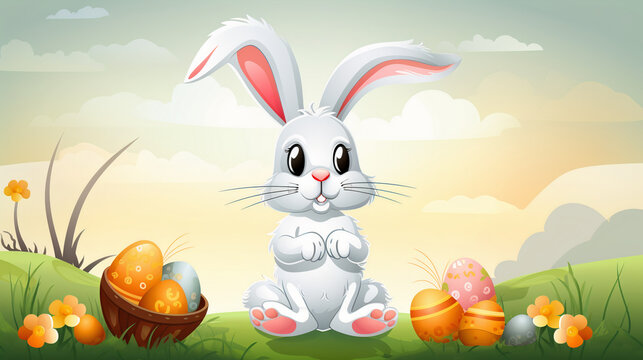 easter bunny with basket - wide image basket and eggs - cartoon colors