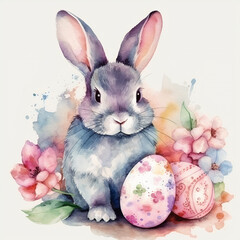 Akwarelowy króliczek wielkanocny z pisankami na białym tle  - obrazy, fototapety, plakaty