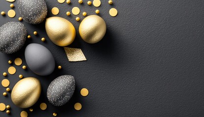 Fototapeta na wymiar grey and golden Festive Painted Easter eggs with golden glitter on grey background