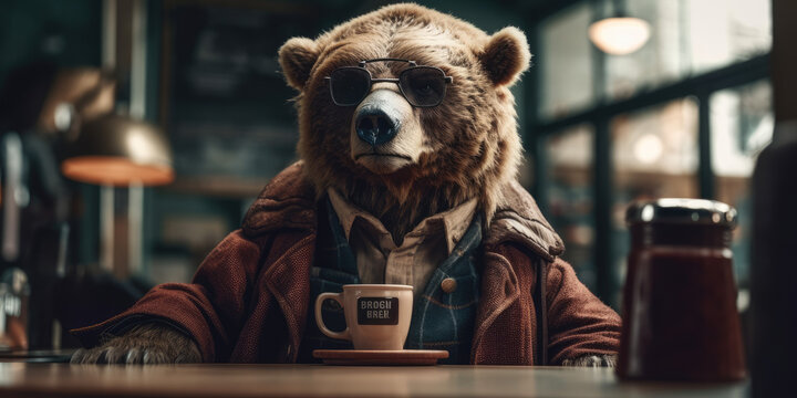 Portrait of a bear wearing glasses sitting at a cafe with a cup of coffee, generative ai