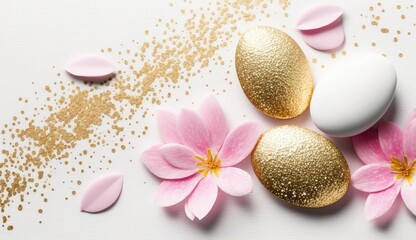 white and golden festive Painted Easter eggs with golden glitter on white background