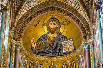  interior Basilica Cathedral of the Transfiguration in the Byzantine Arab-Norman style Cefalu Italy.  - 582772384