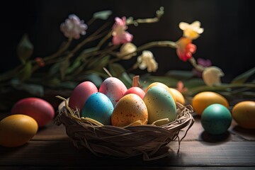 Fototapeta na wymiar Bird Nest with Easter Eggs festive background for decorative design