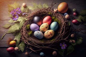 Fototapeta na wymiar Bird Nest with Easter Eggs festive background for decorative design