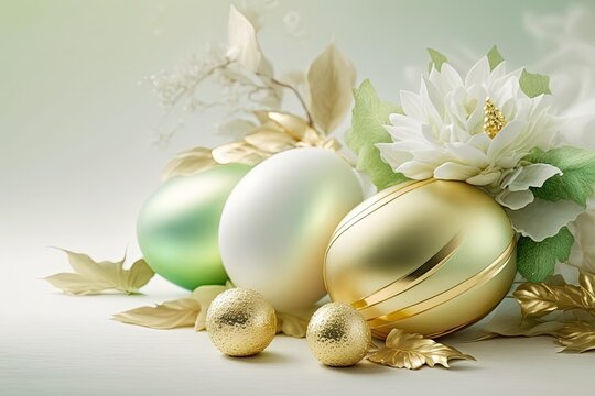 green and golden Easter eggs on luxury festive Easter background