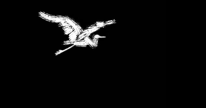 White Heron Flying On Black Background. Artistic Luma Mask Animated Element. Seamless Loop Animation.