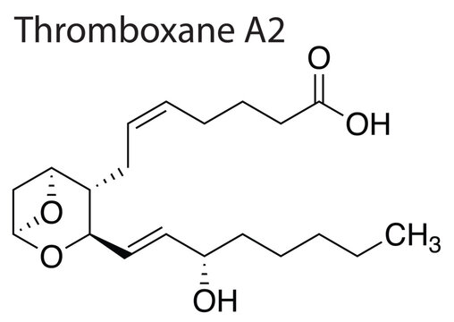 Chemical formula structure of Thromboxane A2 on white background