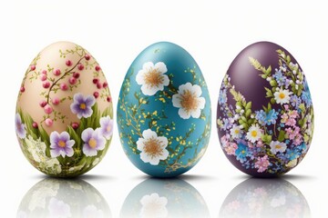 Bunch of Easter Eggs with flowers isolated on white background