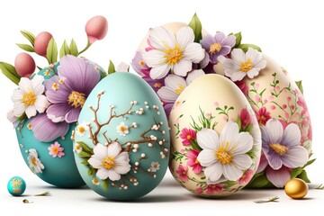 Fototapeta premium Bunch of Easter Eggs with flowers isolated on white background