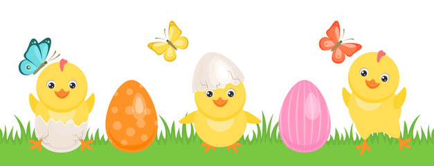 Easter seamless banner with chickens and eggs on green grass. Cracked chicken eggs with cute newborn baby. Funny little yellow bird in different poses. Vector simple flat illustration.
