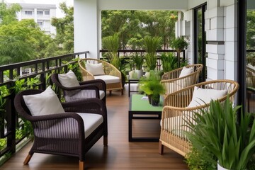 Fototapeta premium A charming Balkon adorned with lush greenery and comfortable seating arrangements, creating a serene and inviting atmosphere - Generative AI