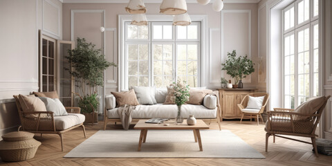 Modern bright home living room interior, background, 3d render Generative AI