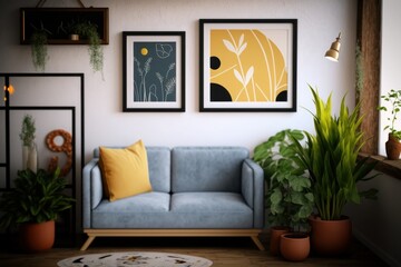 A living room with a blue couch and plants on the wall.