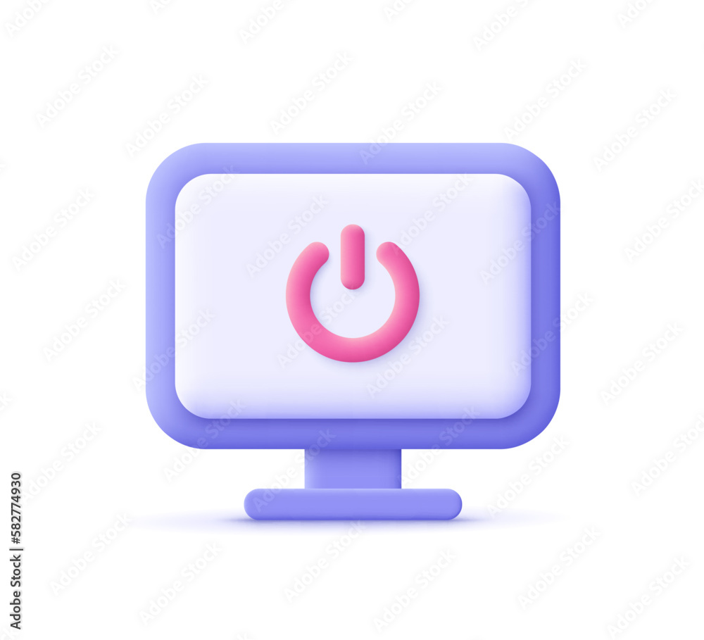 Poster power button icon on desktop computer monitor screen. system shutdown. 3d vector icon. cartoon minim