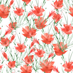Fototapeta na wymiar Watercolor red poppy. Watercolor Vintage seamless pattern with drawing red poppy flowers. Beautiful flowers, rose, peony, poppy. Floral background. Watercolor floral bouquet. Birthday card.