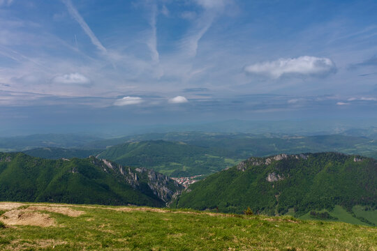 Nature reserve Tiesnavy, village Terchova, national park Mala Fatra, Slovakia, spring day.