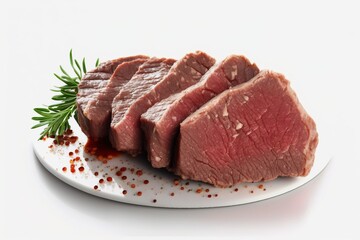 Juicy steak of meat on a plate. Fast food, delicious food. White background.