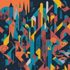 A colorful collage of geometric shapes forming a city skyline with skyscrapers, bridges and cars