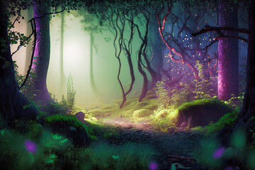Fototapeta premium A mysterious forest filled with mist, shadows, and whispers of magic