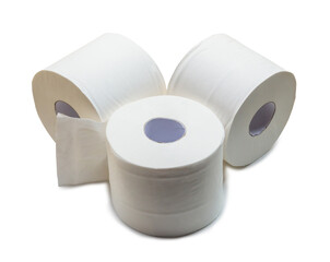 three rolls of white tissue paper or napkin in stack prepared for use in toilet or restroom isolated on white background with clipping path