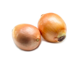 Two fresh orange onions isolated on white background with clipping path