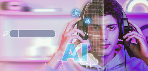 Head banner double exposure of artificial intelligence or AI technology icon to generate human...