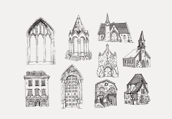 Set of hand drawn buildings, churches. Vector illustration in doodle sketch style.