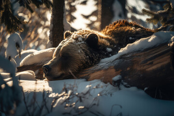 Obraz premium Bear covered with snow, hibernated for winter, sleeping in woods under trees, generative ai