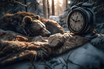 Funny image of a bear hibernate in winter forest snow, under blanket, sleeping beside vintage alarm clock to wake him up in spring, generative ai - obrazy, fototapety, plakaty