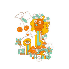 Retro 70s, psychedelic groovy elements. Cartoon funky mushrooms, flowers, rainbow, vintage hippy style element. Vector.