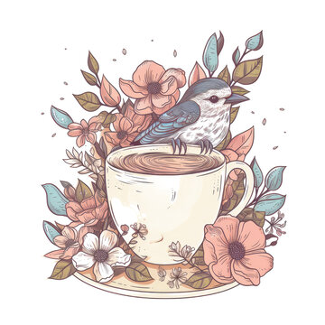 Cute Passerine with a Cup Vector, A passerine holding a cup of hot cocoa, surrounded by a garden of flowers, cute, T-shirt Design, Illustration Art, Generative Ai