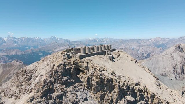High-position view of ruined artillery batteries in Mont Chaberton peak